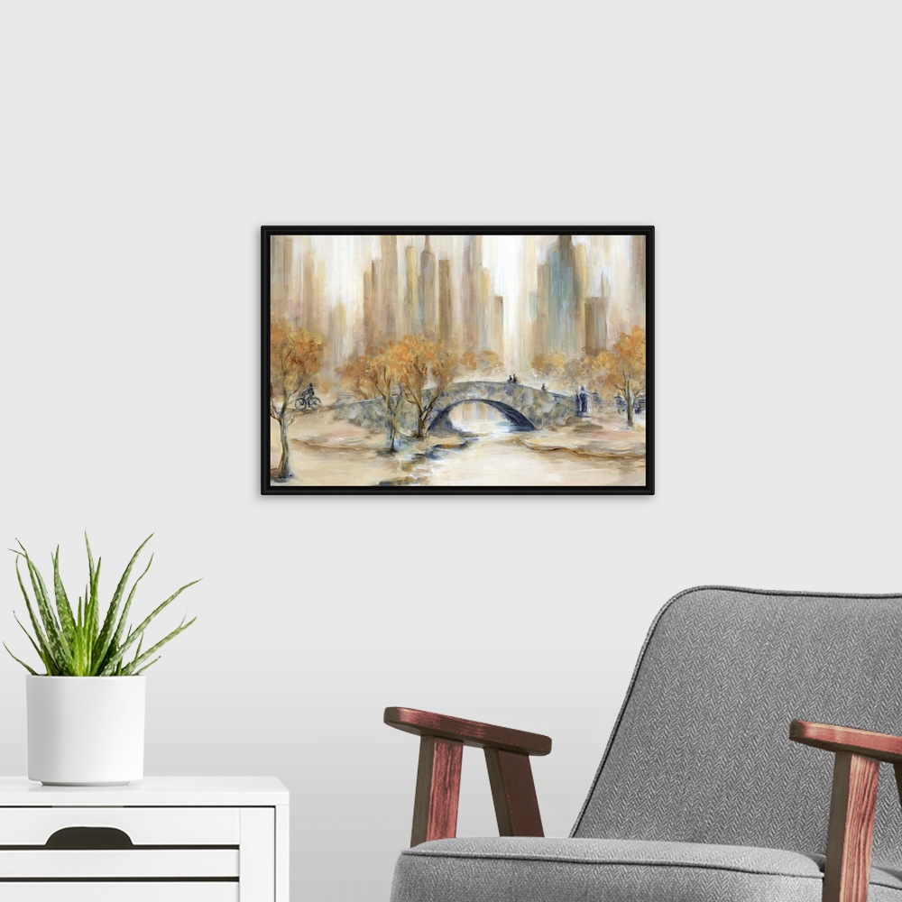 A modern room featuring Abstract painting of Central Park, NYC in Autumn.