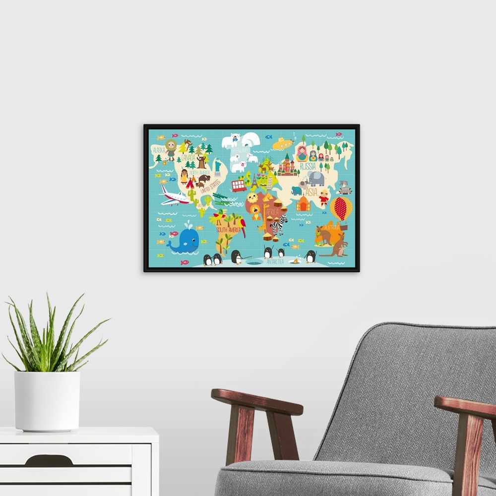 A modern room featuring Children's World Map