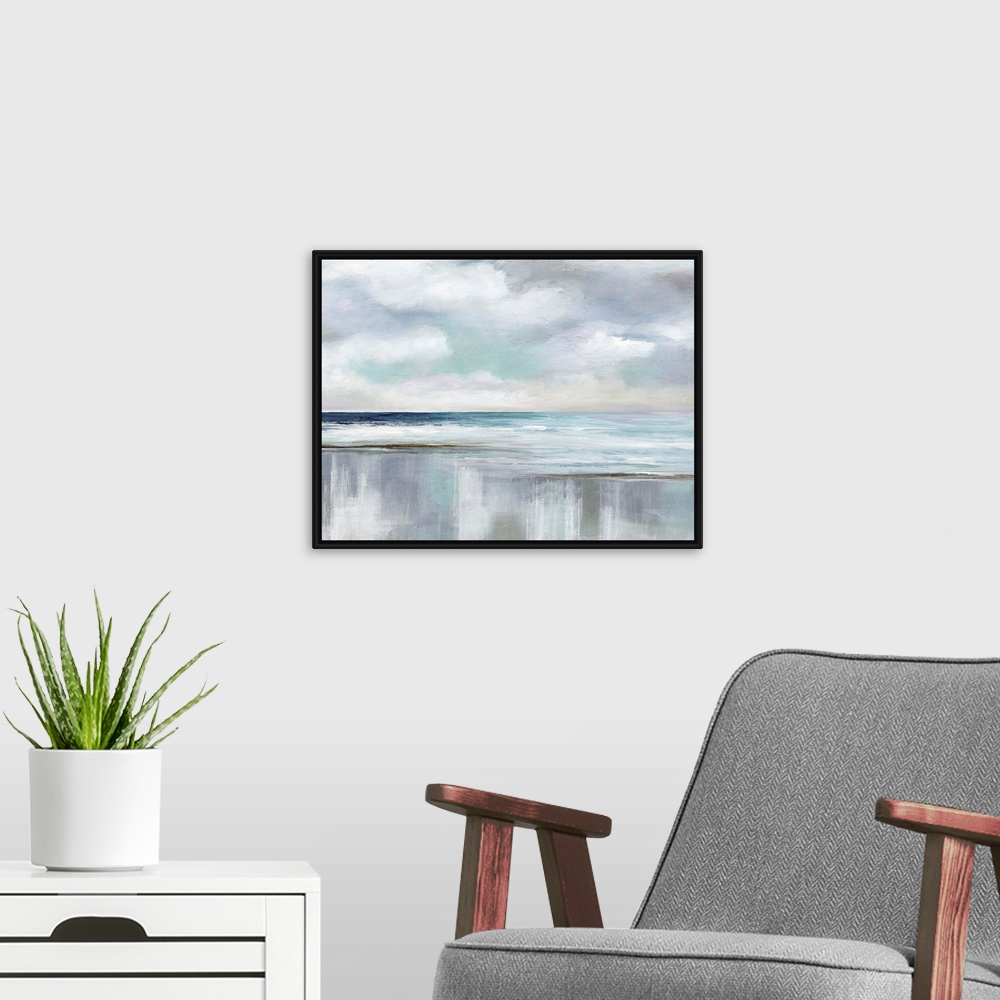 A modern room featuring Abstract landscape painting of an ocean with fluffy clouds in the sky using various blues, grays ...