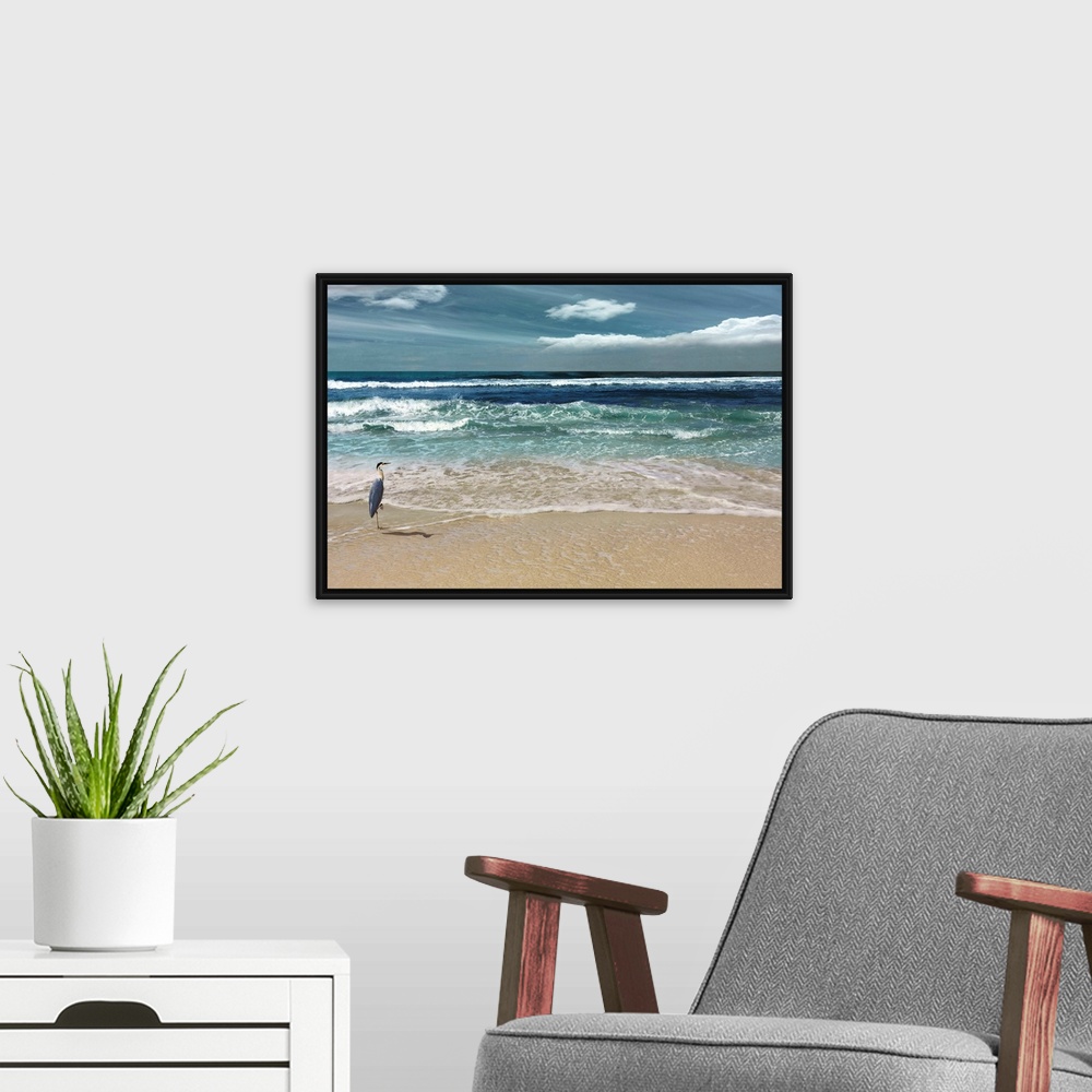 A modern room featuring This serene photo shows rippling waves as they approach the heron on the beach with white clouds ...
