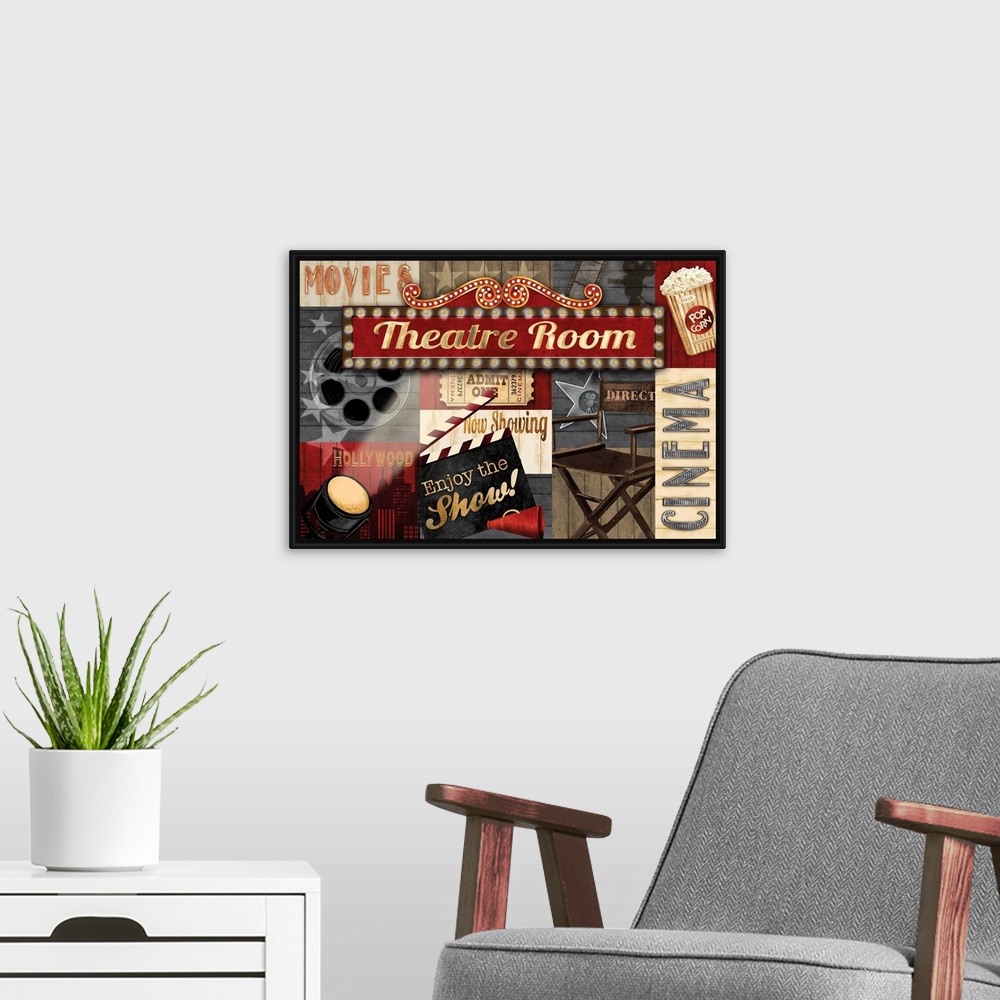 A modern room featuring A collage of movie theater themed graphic elements featuring a director's clap board, film reel a...