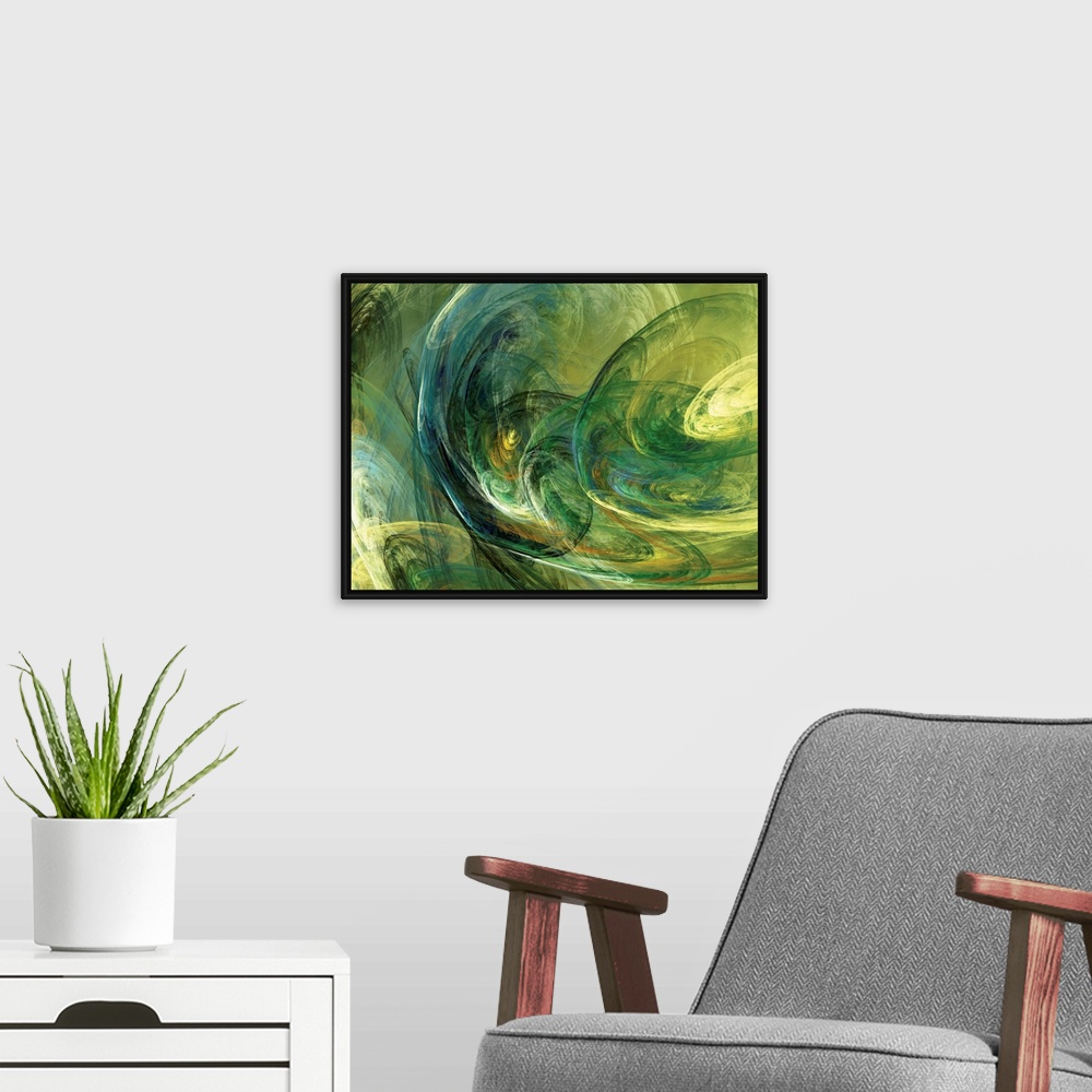 A modern room featuring Swirling fractal patterns overlap in an abstract horizontal artwork.