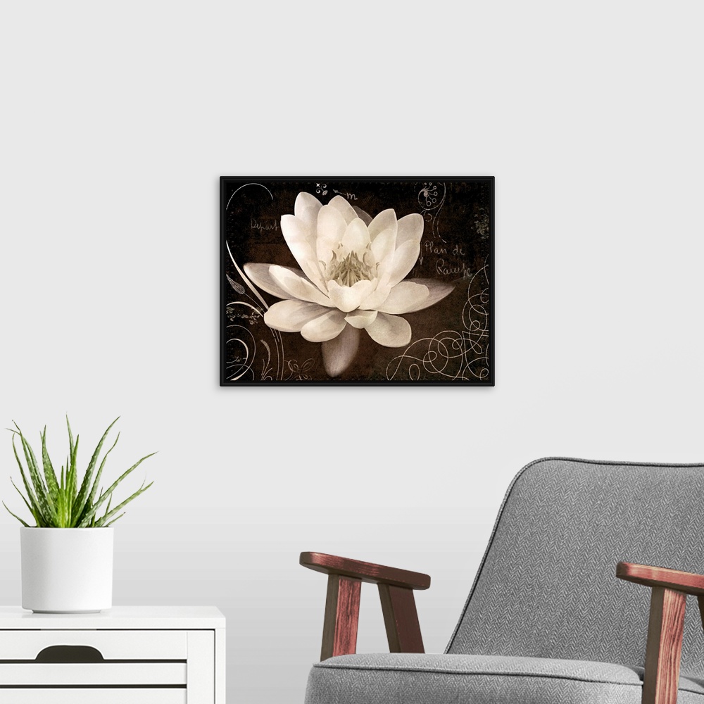 A modern room featuring Giant canvas art includes a close-up of a flower surrounded by a number of curved accent lines an...