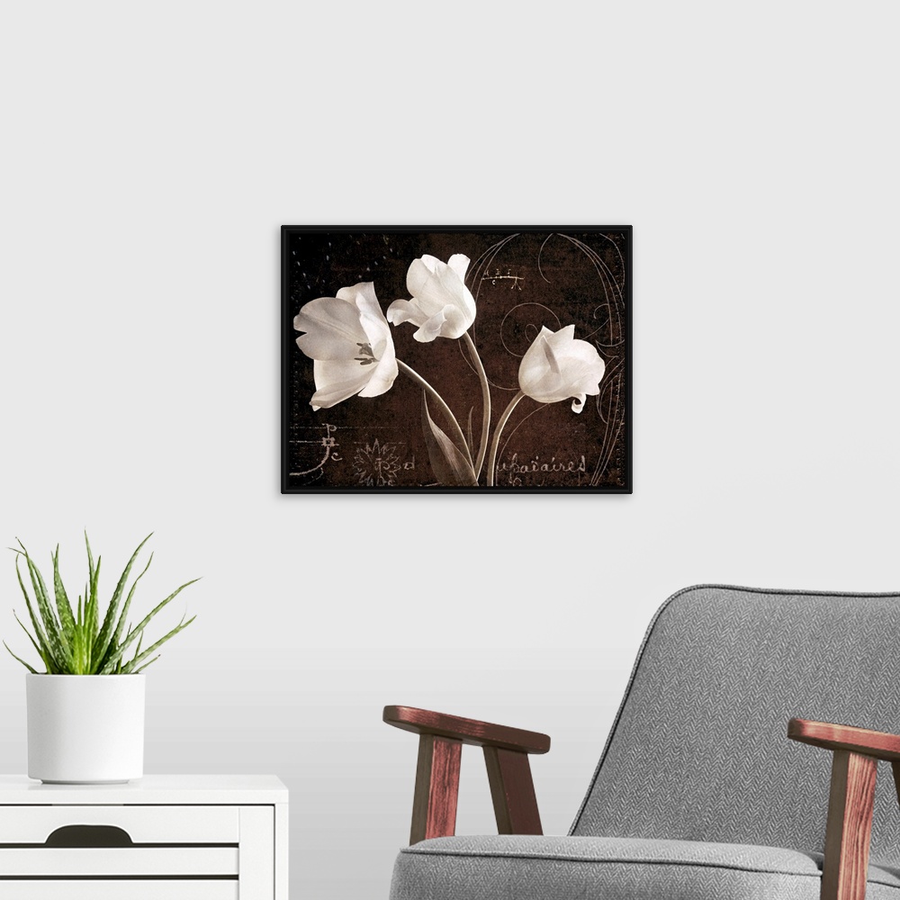 A modern room featuring Big canvas of three flowers against a vintage background with decorative markings and writings.