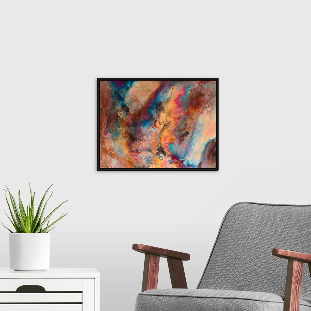 A modern room featuring Huge abstract art incorporates streaks of vivid cool tones layered on top of a highly textured ba...