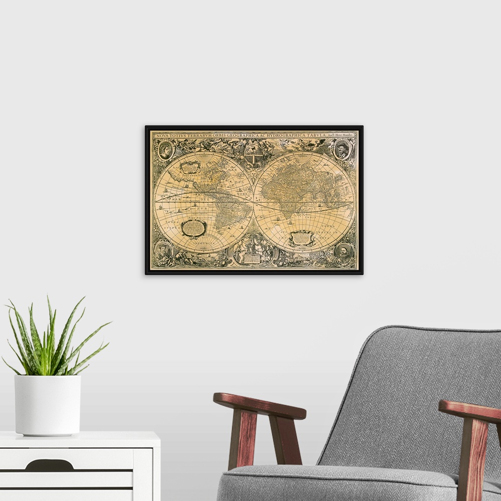 A modern room featuring An antique map that displays faded text and decorative drawings on the outside of two circles rep...