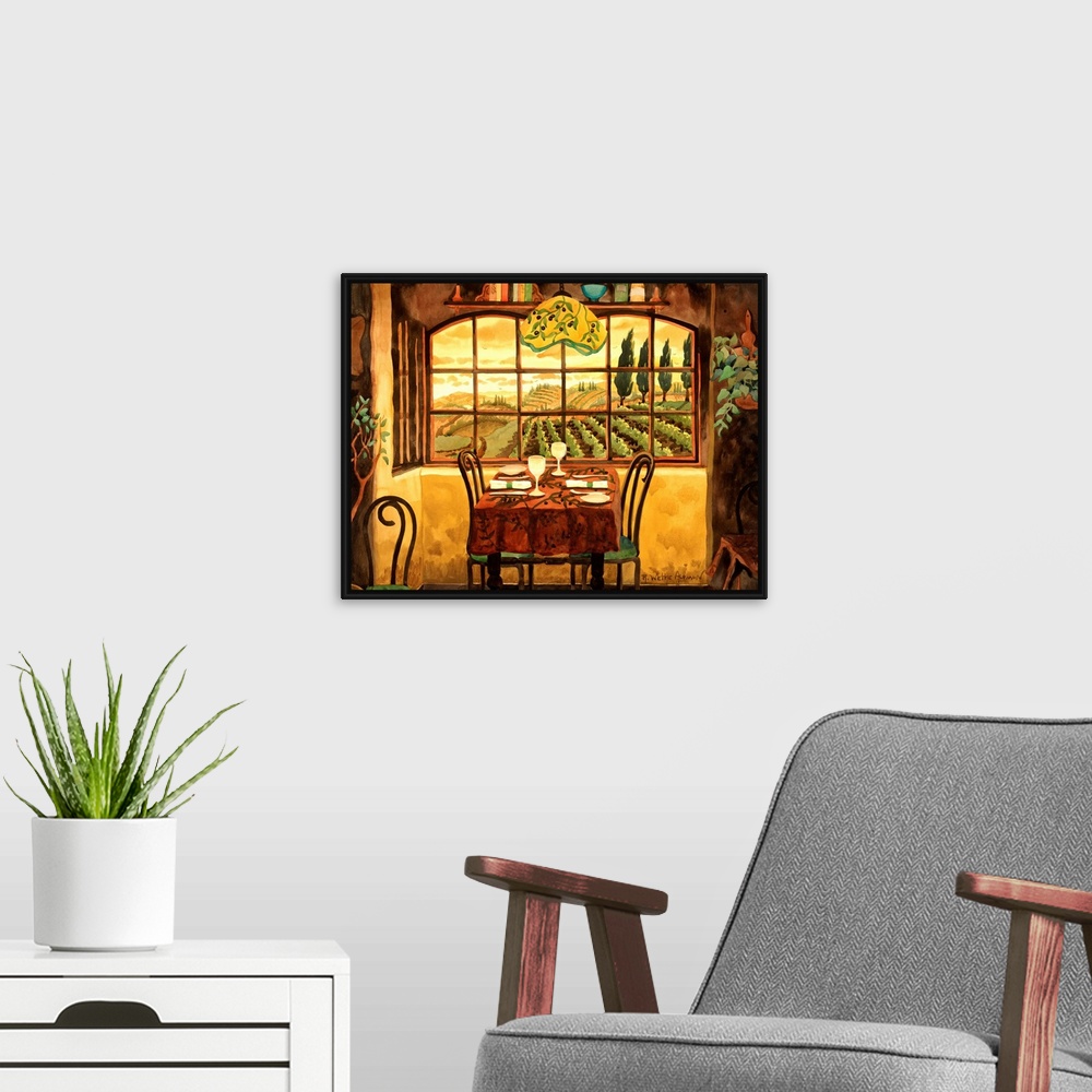 A modern room featuring Painting of a table set for dinner inside a house by a window looking out over farmland. Warm, re...