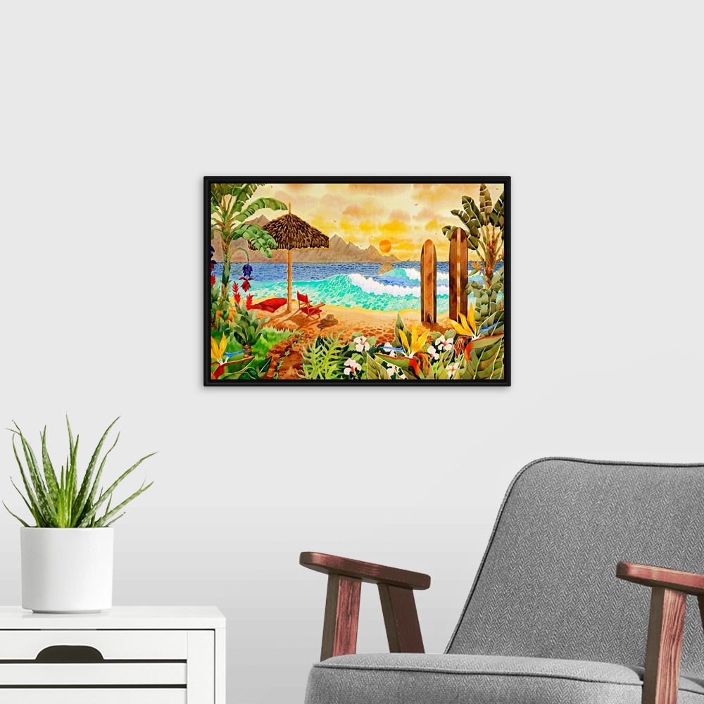 A modern room featuring Giant contemporary art displays a lively beach scene filled with lush vegetation and an umbrella ...