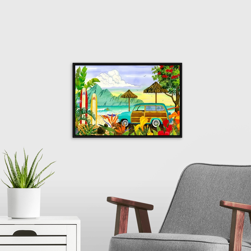 A modern room featuring Big, horizontal canvas art of a woody station wagon parked near a beach with palms and brightly c...