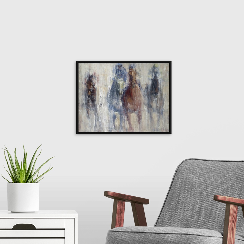 A modern room featuring A contemporary painting of a horse derby, with the impression of the horses advancing toward you.
