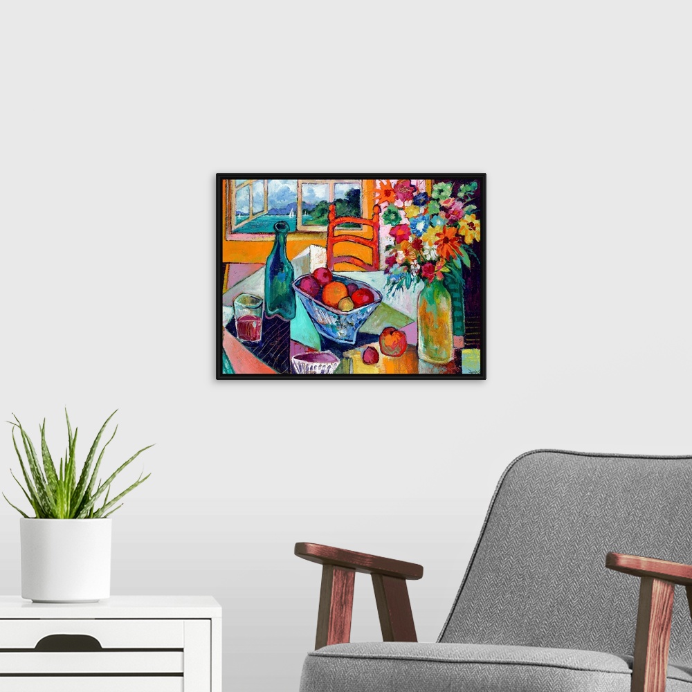 A modern room featuring Contemporary art painting of a table with fruit, flowers and wine next to an open window overlook...