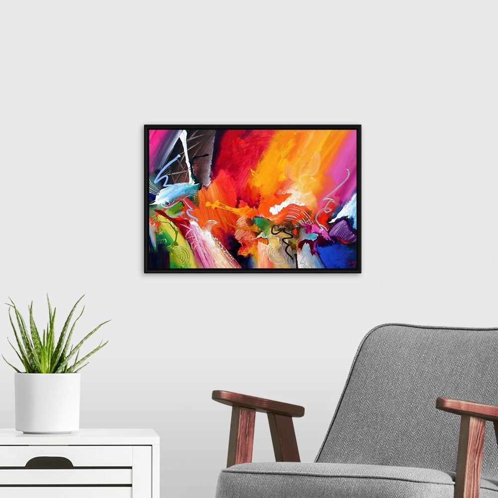 A modern room featuring Large abstract painting composed of sharp lines, vibrant colors and lots of movement.