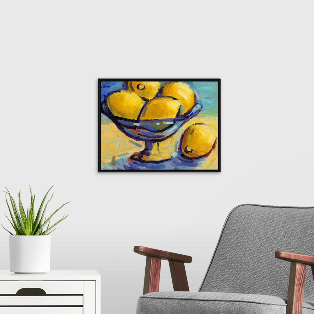 A modern room featuring A contemporary abstract painting of a bowl of lemons against a blue background.