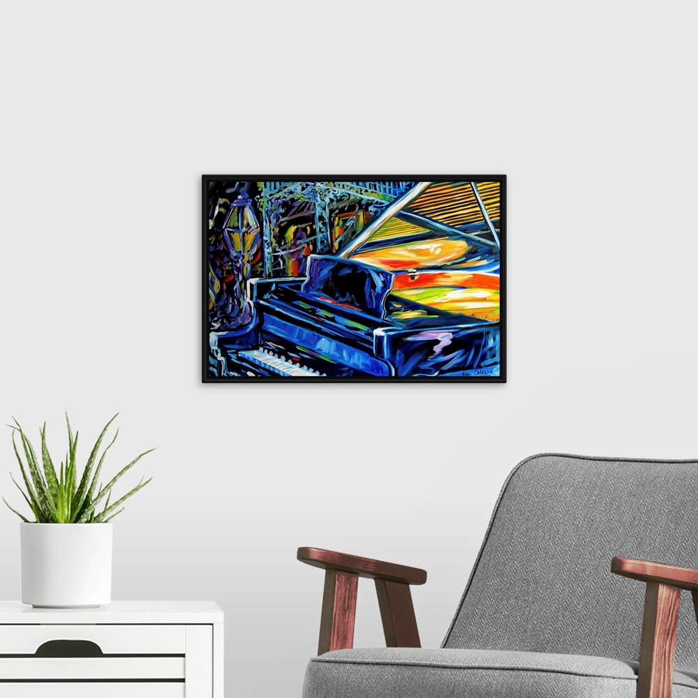 A modern room featuring This is a painting of a grand piano with the New Orleans jazz feeling of fun.