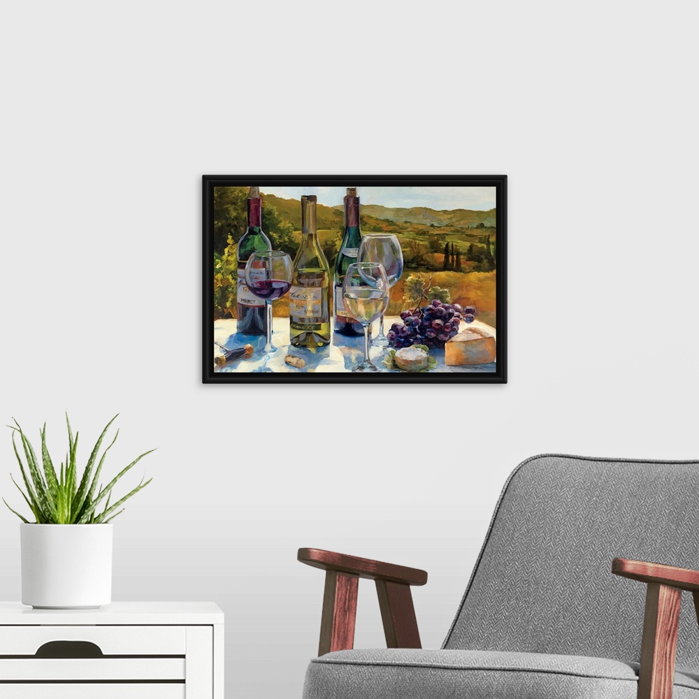 A modern room featuring Wall art that is a hybrid still life and landscape painting of cheese, grapes, and red and white ...