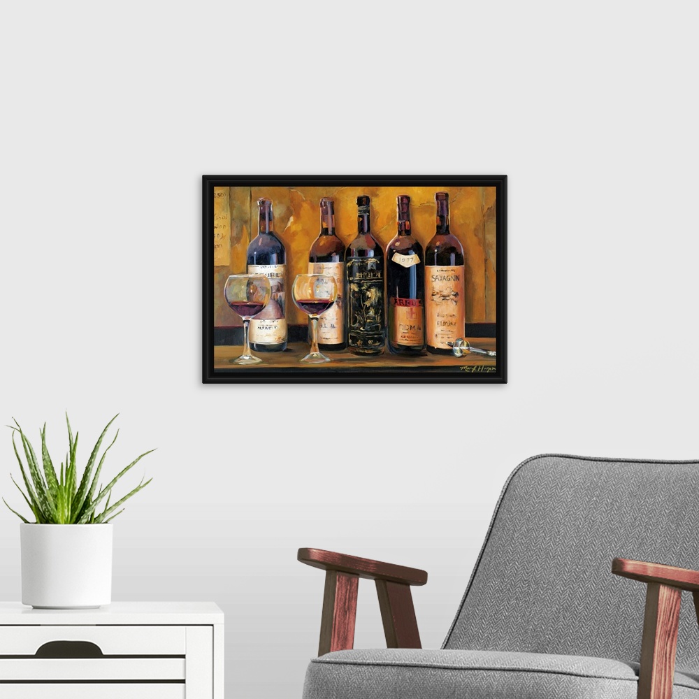 A modern room featuring Landscape wall painting of five bottles of red wine with two full wine glasses sitting on a count...