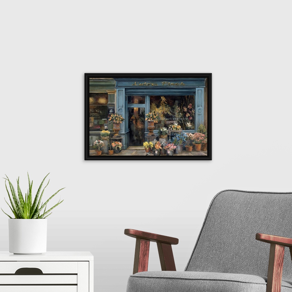 A modern room featuring This contemporary painting depicts a French flower shop surrounded with buckets crowded with fres...