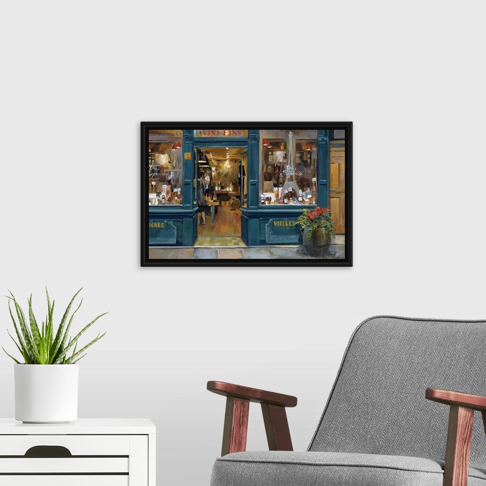 A modern room featuring This home docor painting for the living room or kitchen shows the interior of a shop as view from...