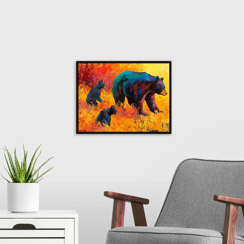 A modern room featuring Contemporary artwork of a mother black bear with her two cubs by her side amongst warmly colored ...