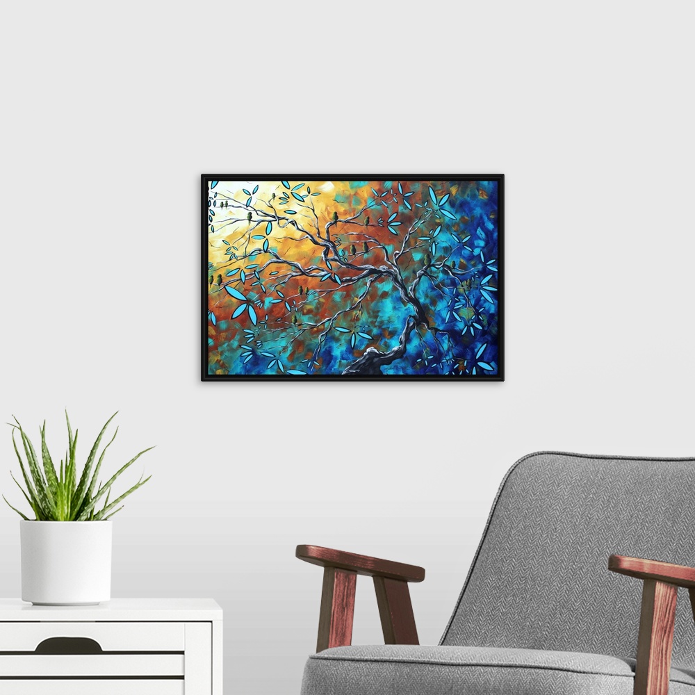 A modern room featuring Abstract painting of a tree with blooming flowers on it's branches against a background splashed ...