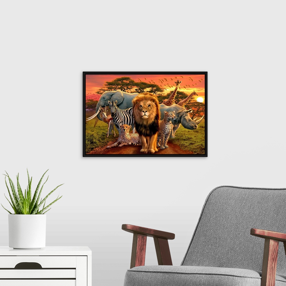 A modern room featuring Large illustration of a lion, zebra, elephant, rhinoceros, gazelle, cheetahs, giraffes and birds ...