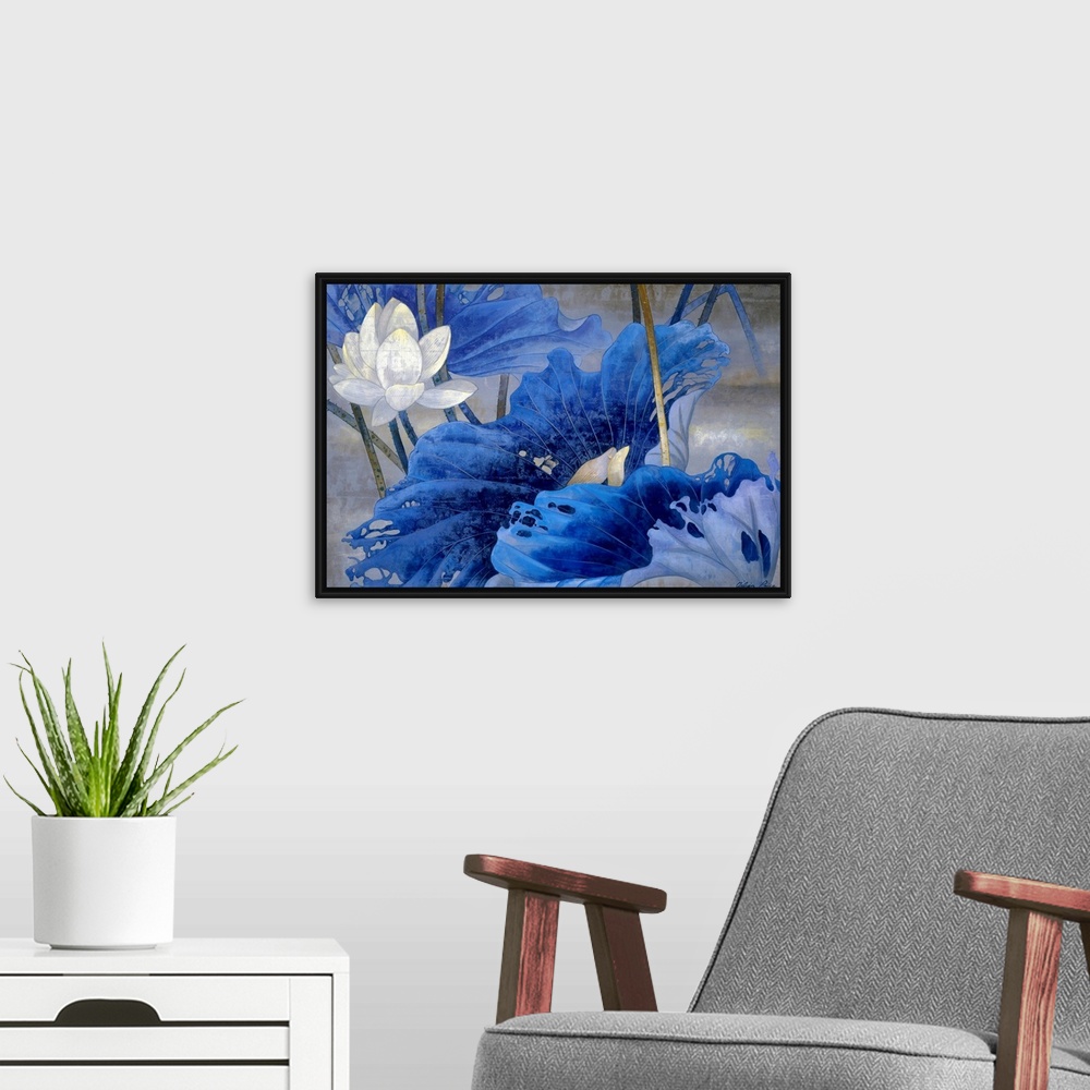 A modern room featuring Wall docor painting of flowers in a field on a grungy background.