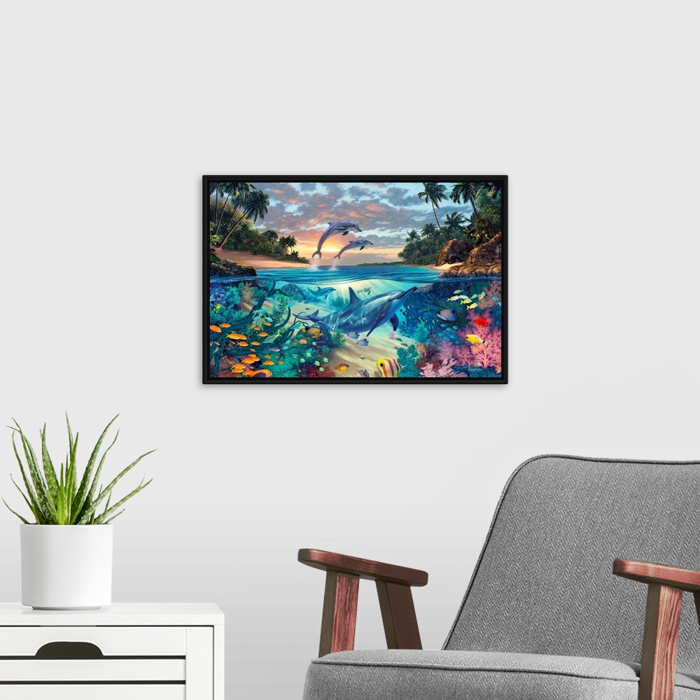 A modern room featuring Big fantasy painting on canvas of dolphins swimming underneath the water with other fish and two ...