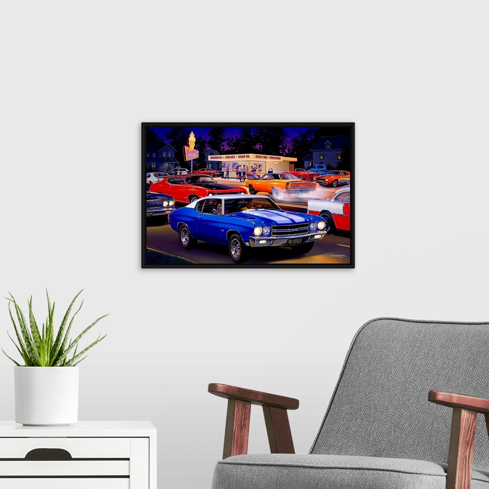 A modern room featuring Big automotive art portrays a group of people enjoying the treats from a local snack shack.  Fill...