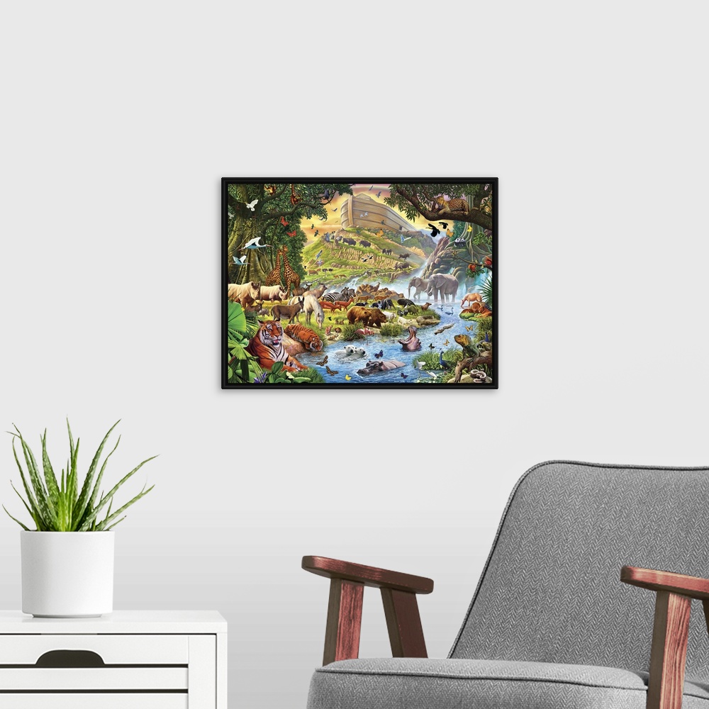 A modern room featuring Colorful artwork of Noah's Ark in a lush green landscape with thousands of animals all around.