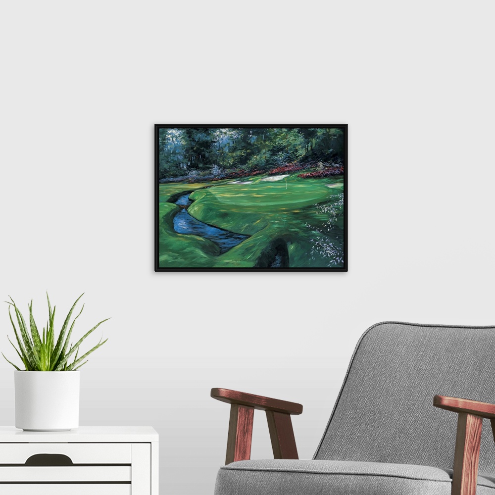 A modern room featuring A traditional style painting of the thirteenth green of Augusta National Golf Club in Georgia, ho...
