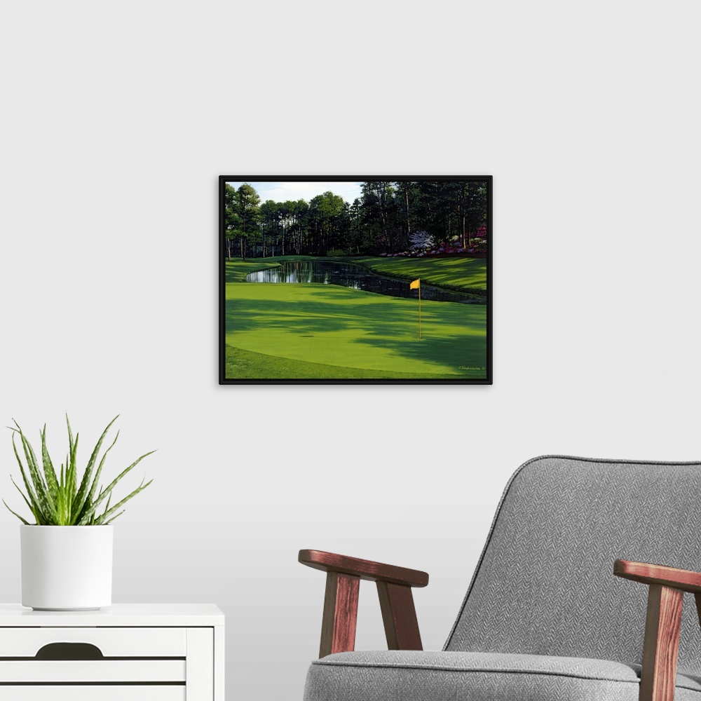 A modern room featuring Photograph of the greenway on a golf course with a small pond and trees just behind it.