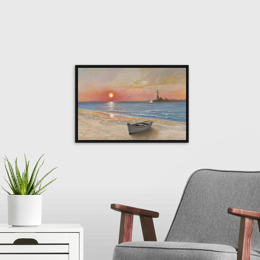 A modern room featuring Contemporary painting of a lone boat at the edge of the sea at sunset, with a lighthouse in the d...