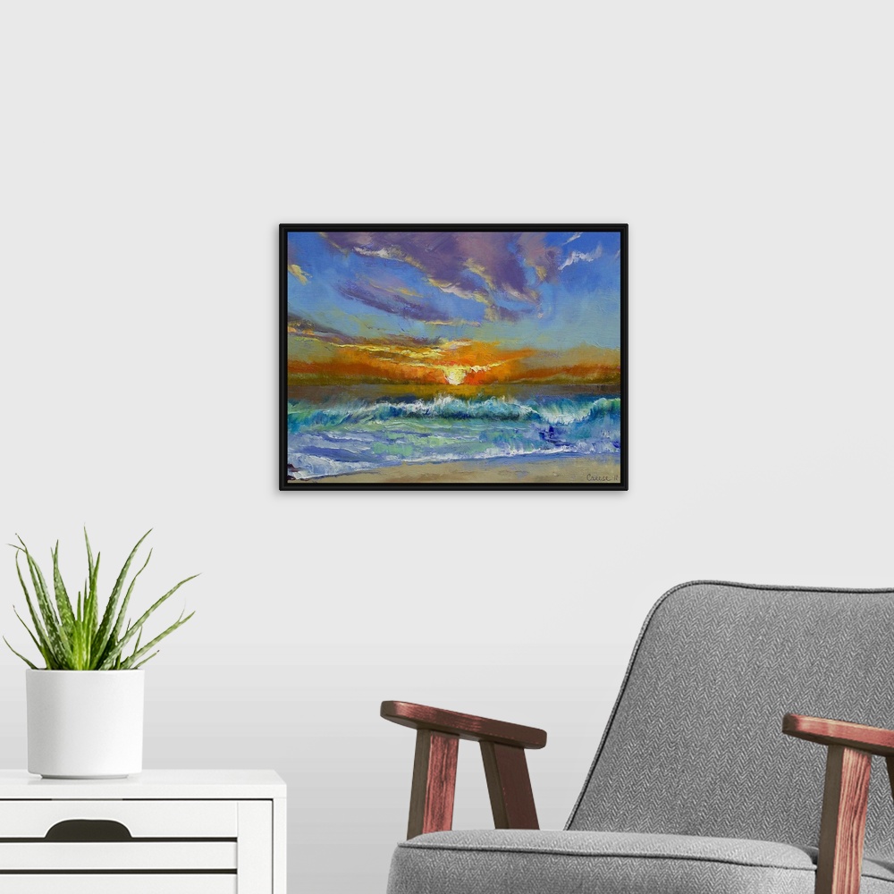 A modern room featuring Reproduction of an original oil painting; the sun sinks towards the horizon as waves lap the shor...