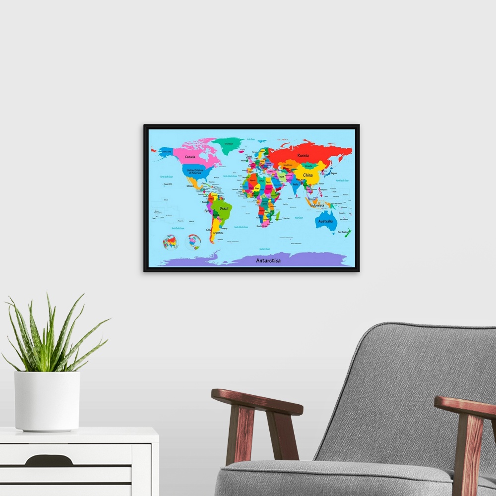 A modern room featuring Big illustration focuses on a map of the world.  To separate the clearly labeled countries, the a...