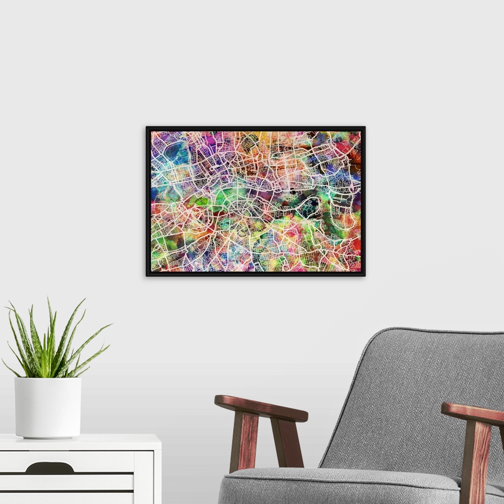 A modern room featuring Central London, England, UK, street map on a watercolor background. The map of london shows the n...