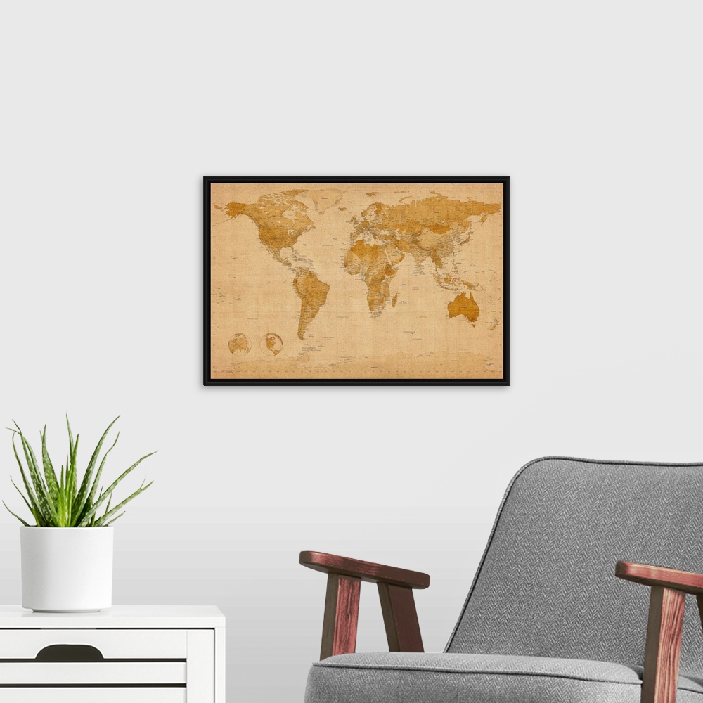 A modern room featuring Giant map of the world set in an antique style.  This piece includes a number of cities within ea...