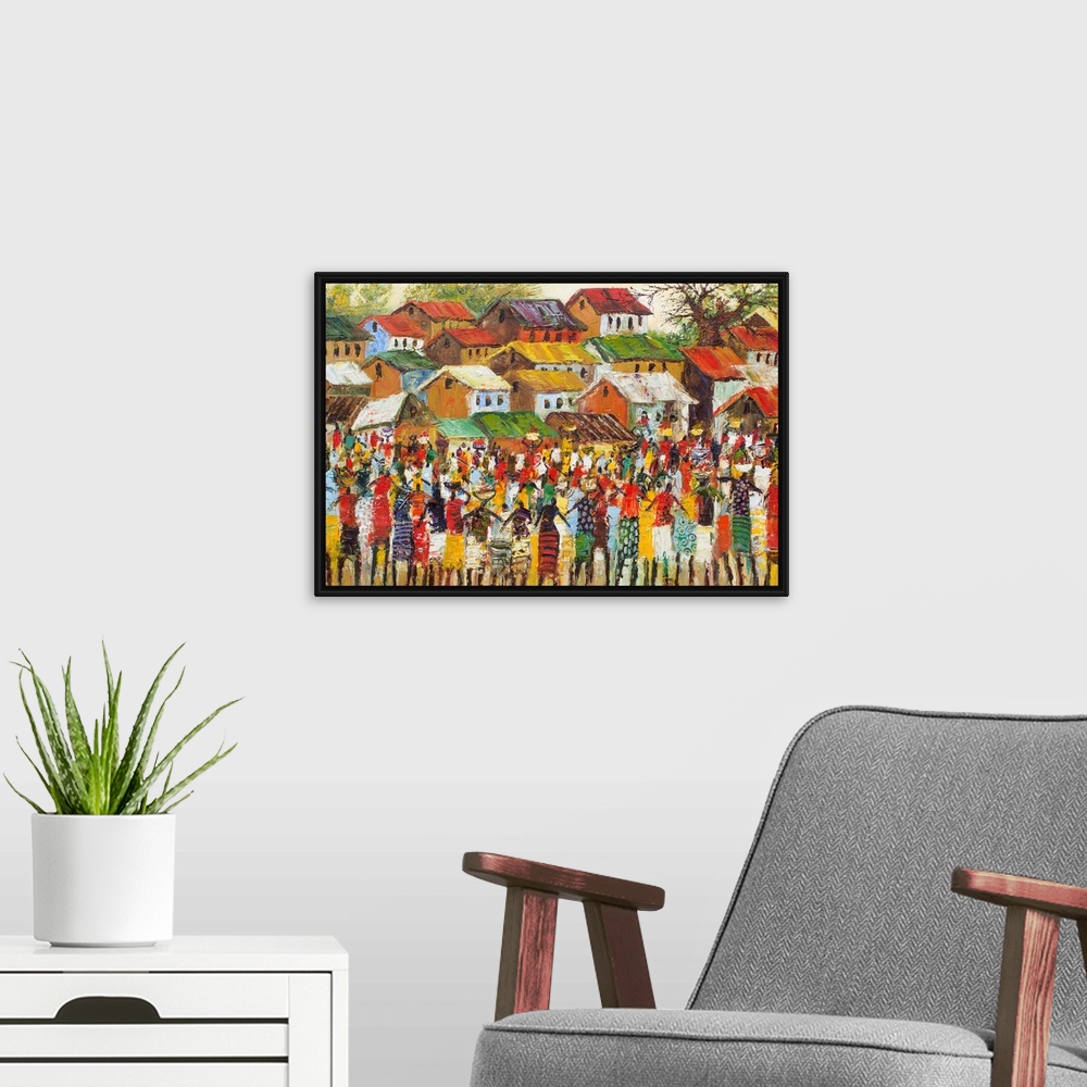 A modern room featuring Colorful chaos symbolizes the energy of a busy West African market. Shoppers and merchants throng...