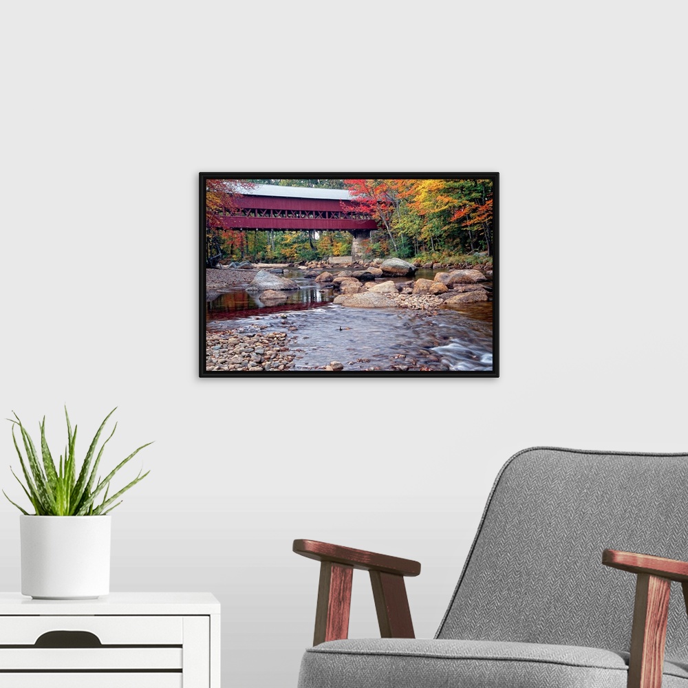 A modern room featuring Photograph of the wooden Swift River Bridge located in Conway, New Hampshire that overlooks a riv...