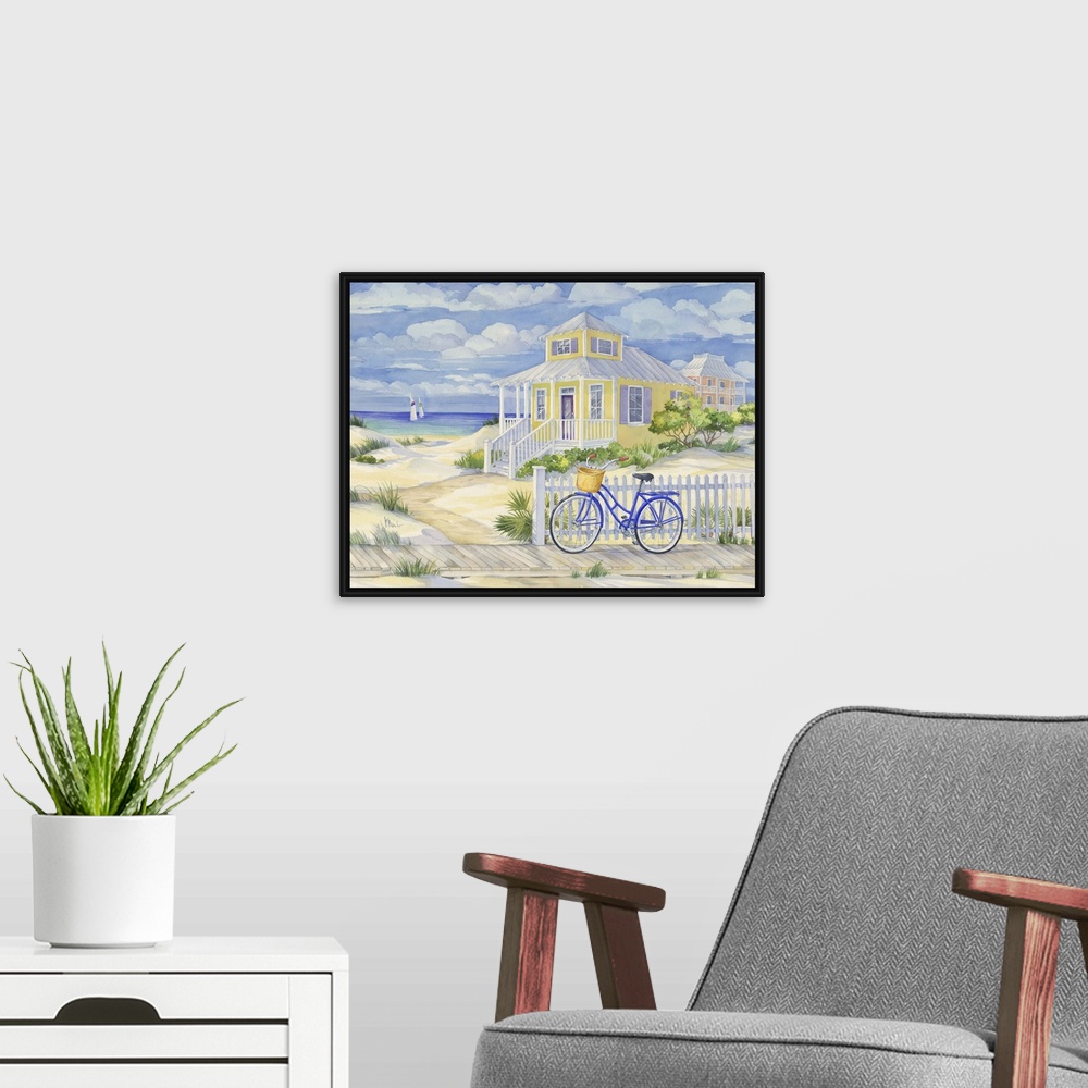 A modern room featuring Watercolor painting of a bicycle leaning against a fence near a beach house.