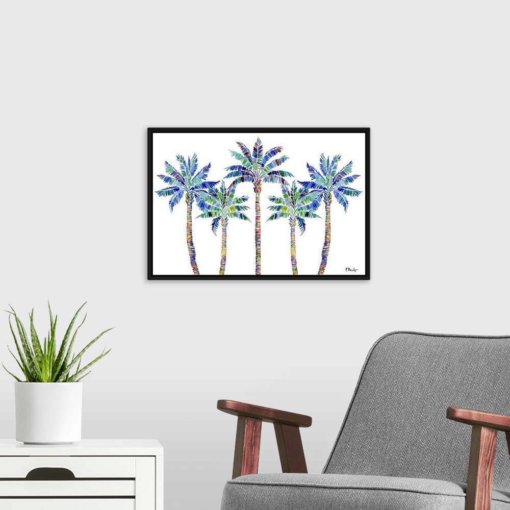 A modern room featuring Watercolor palm tree on a white background.