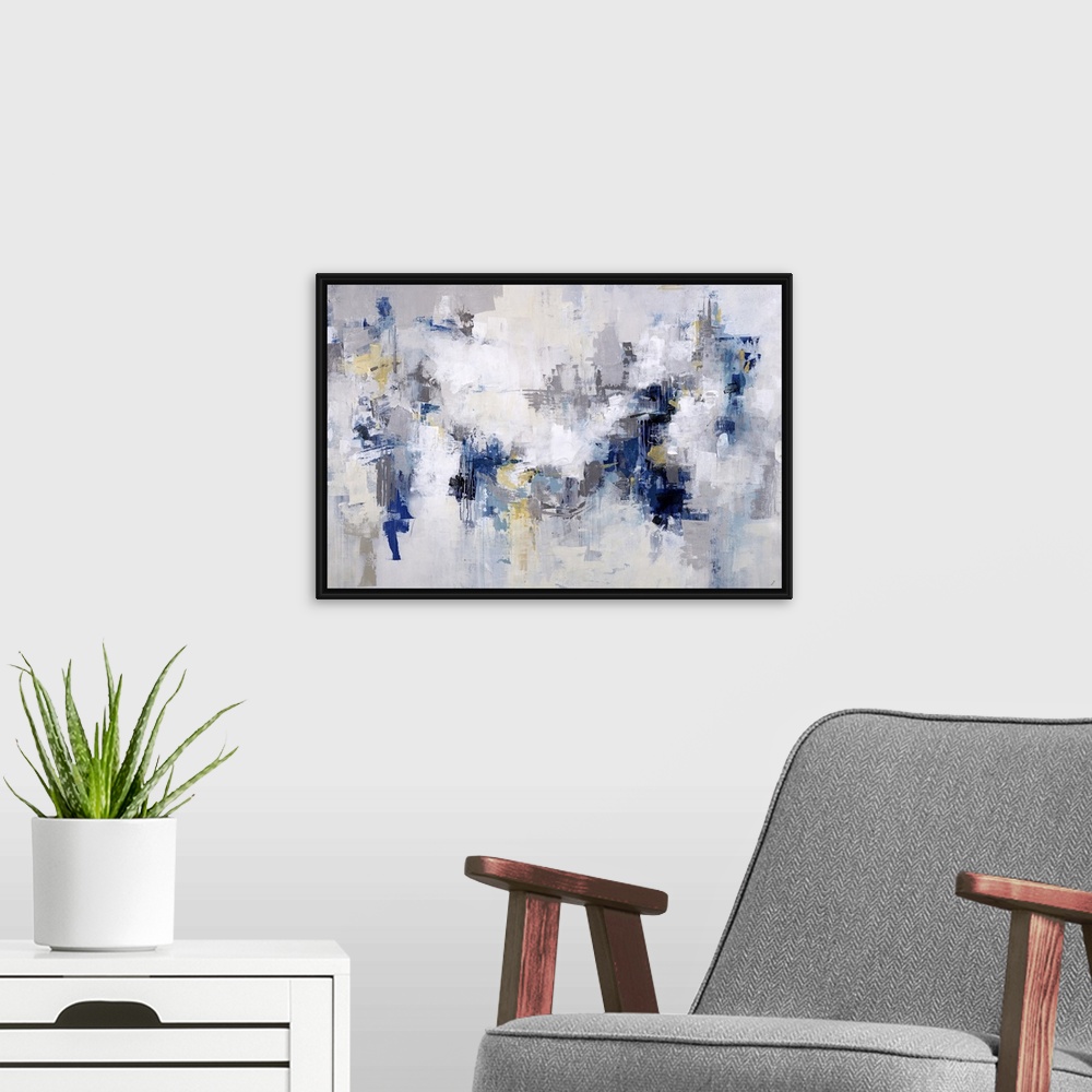 A modern room featuring Abstract painting in shades of white and light gray with accents of blue throughout.