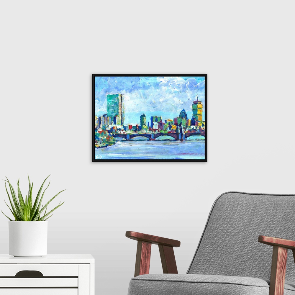A modern room featuring Boston Massachusetts Charles River - Back Bay painting by RD Riccoboni of New England's largest c...