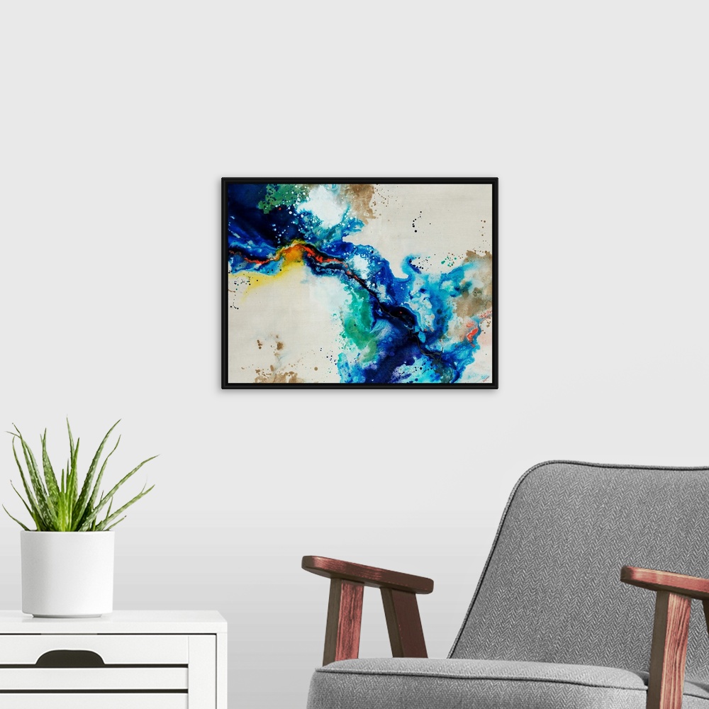 A modern room featuring Abstract painting of a fluid blue line over a neutral background adorned with multi-color paint s...