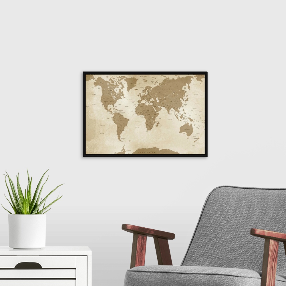 A modern room featuring Sepia toned map of the World with an antique look.