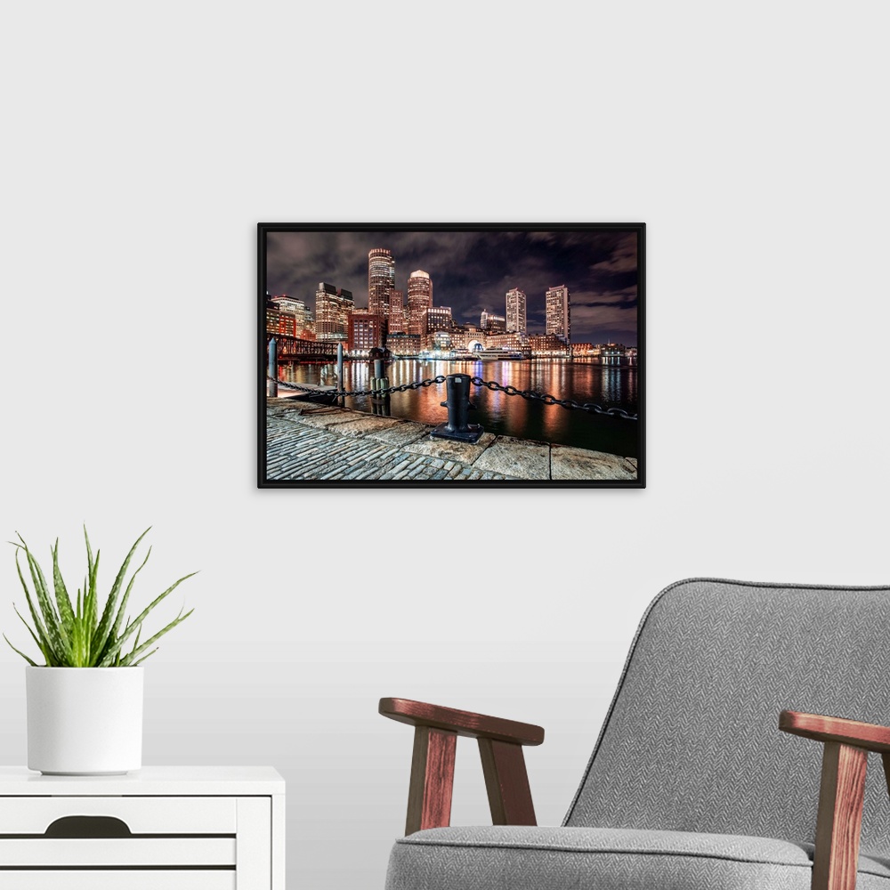 A modern room featuring Photo of Boston city skyline and waterfront from the view of the Harborwalk.