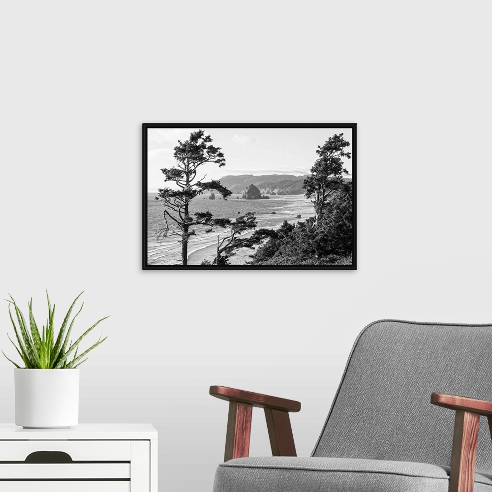 A modern room featuring Black and white landscape photograph of Cannon Beach through the trees with Haystack Rock in the ...