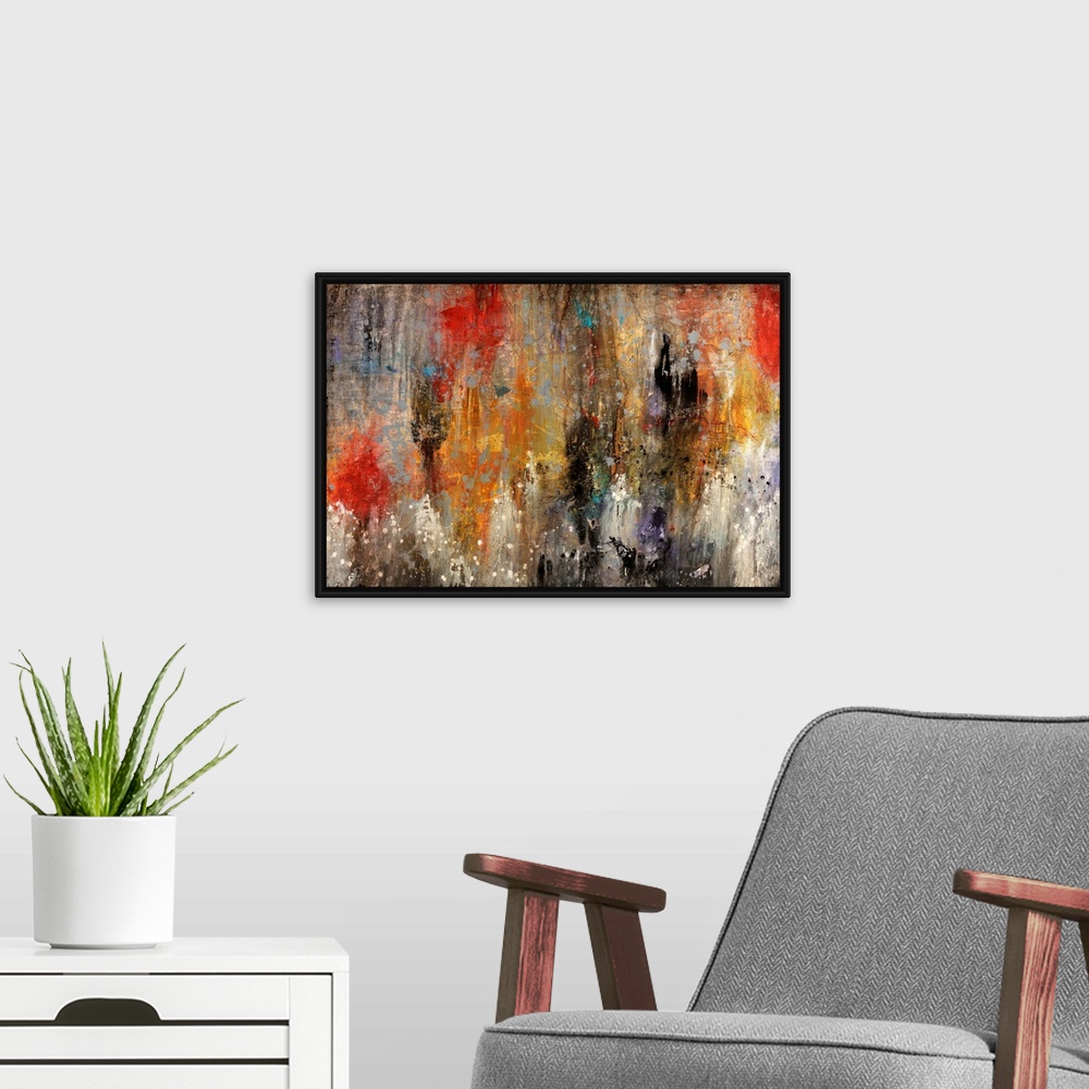 A modern room featuring Contemporary abstract painting reminiscent of a mysterious and hazy cave, done with splatters and...