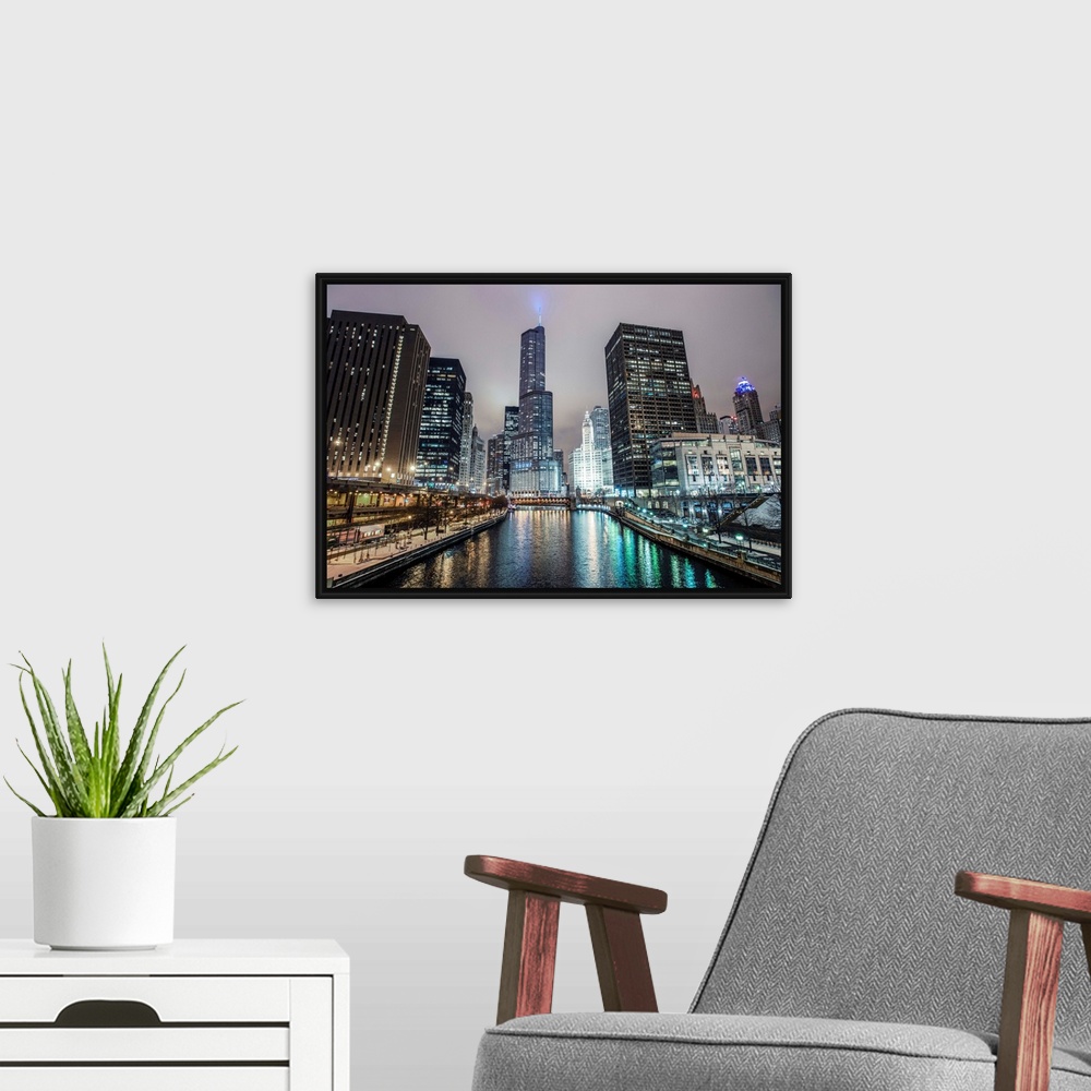 A modern room featuring View of Trump International Hotel & Tower Chicago from the William P. Fahey Bridge over Chicago R...