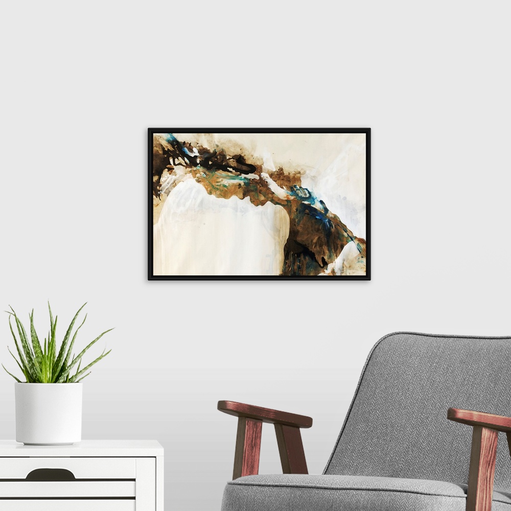 A modern room featuring Pastel earth-toned contemporary and abstract painting that portrays the cracks and creases in the...