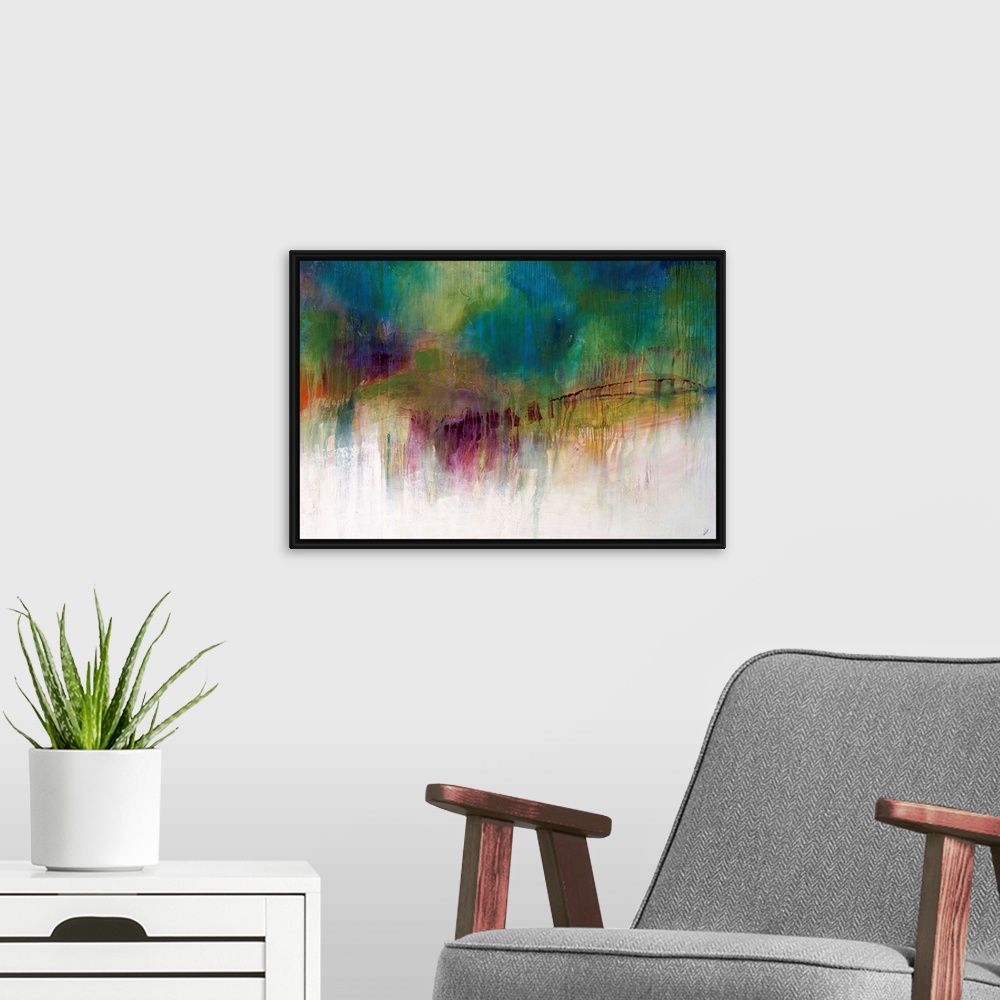 A modern room featuring Abstract painting of a mass of vibrant multicolored clusters that appear as one large cloud loomi...